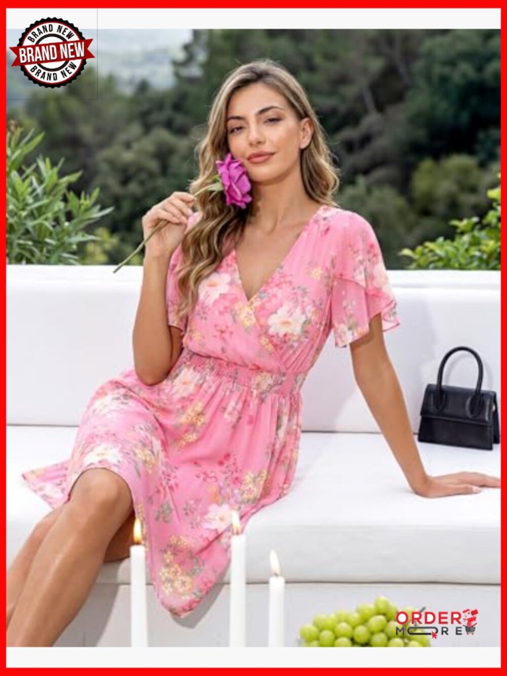 V-Neck Ruffle Sleeve Flowy Chiffon Boho Maxi Dress with Hidden Buttons - Picture 2 of 7